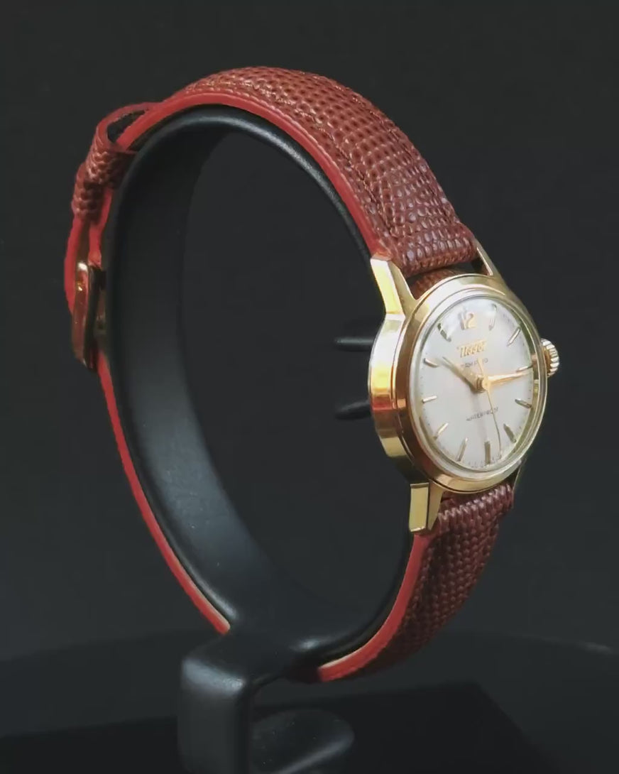 Tissot Camping watch for women gold plated, retro wristwatch for lady rare gift, new genuine leather strap
