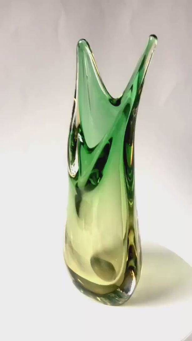 Pastel green yellow shades hand blown vase artistic work glass vase transparent glass vase home decor heavy vintage vase Cold war period