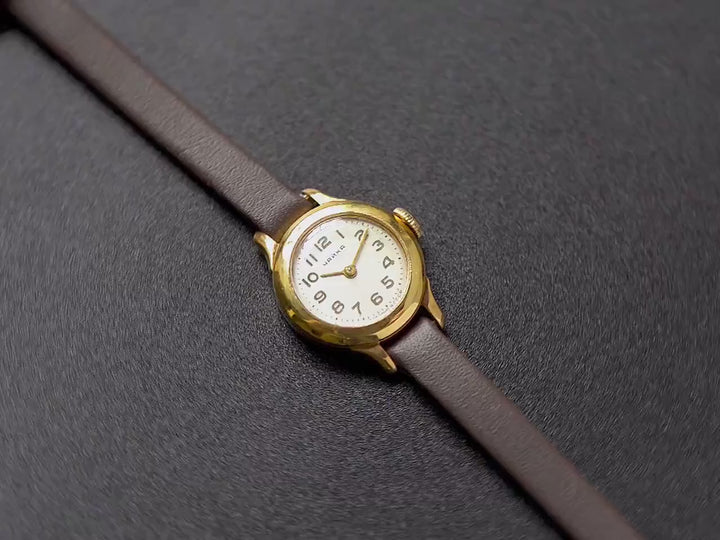 Gold plated micro watch women Seagull, vintage lady wristwatch classic jewelry, chic wristwatch dainty gift, new genuine leather strap