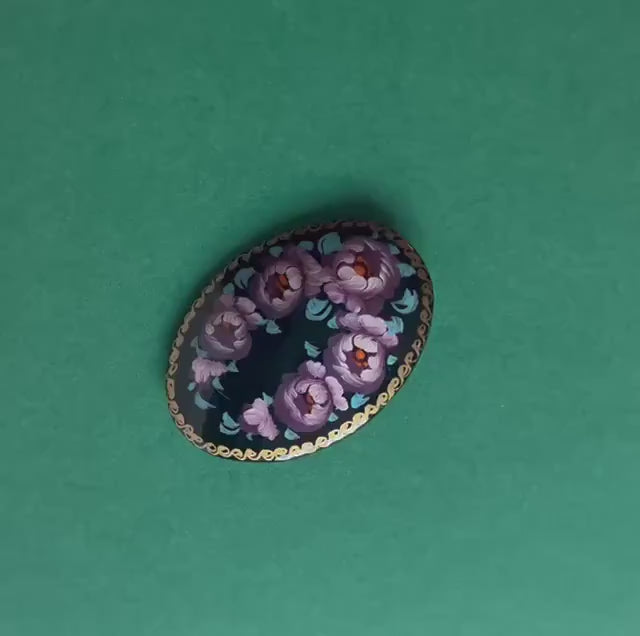 Vintage brooch Russian folk floral. Lacquer brooch hand painted, flowers wooden black brooch, peony blossom brooch oval, brooch bouquet gift