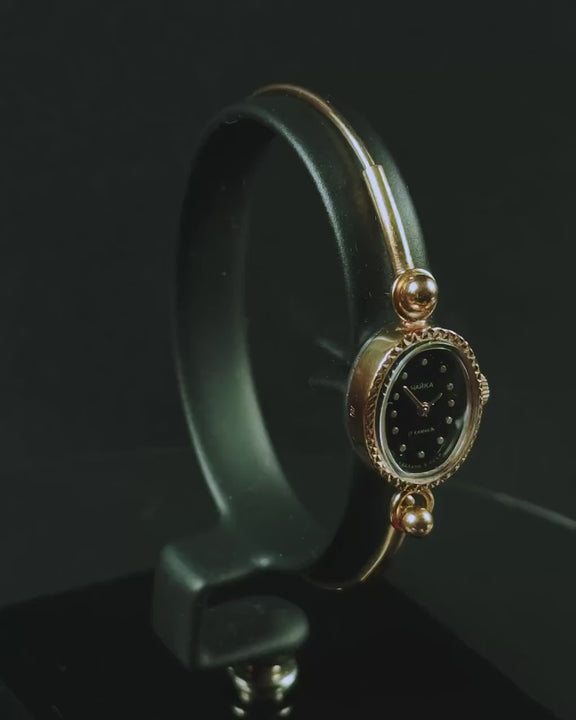 Black oval cocktail watch for women Seagull gold plated gift, vintage tiny bracelet lady jewelry wristwatch dainty