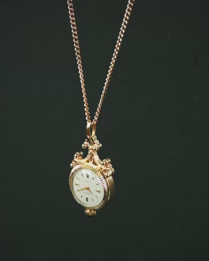 Dainty pendant watch necklace for women's Seagull, gold plated neck jewelry floral design, boho style unique gift