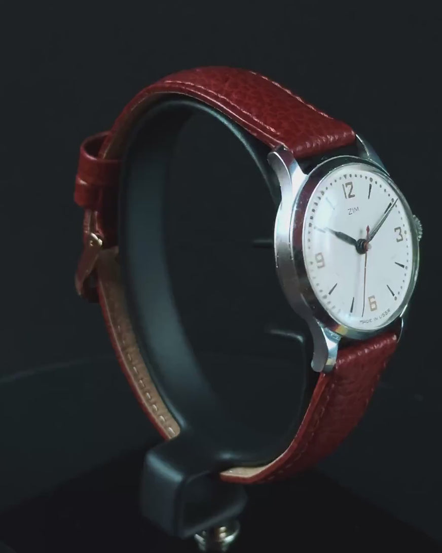 Oversized women watch silver shade 60s, authentic wristwatch ZIM vintage gift girl, classic accessory, new genuine leather band