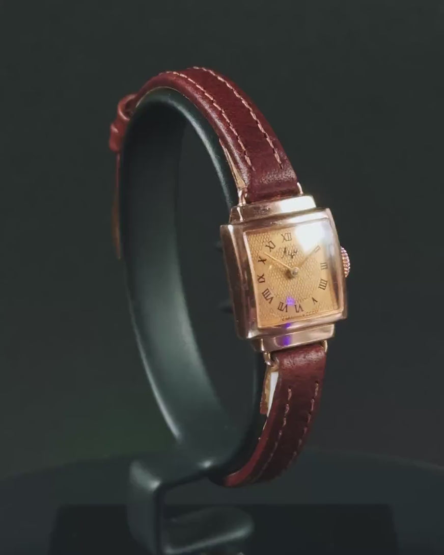 Art deco style women's watch solid gold 14K, lady watch Ray cocktail jewelry, delicate square watch gift timepiece new leather strap