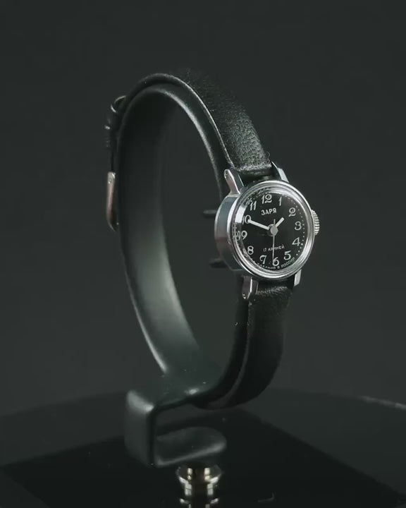 Unused women's watch black tiny dial Dawn, vintage wristwatch silver shade case minimalist gift Arabic numerals, leather strap