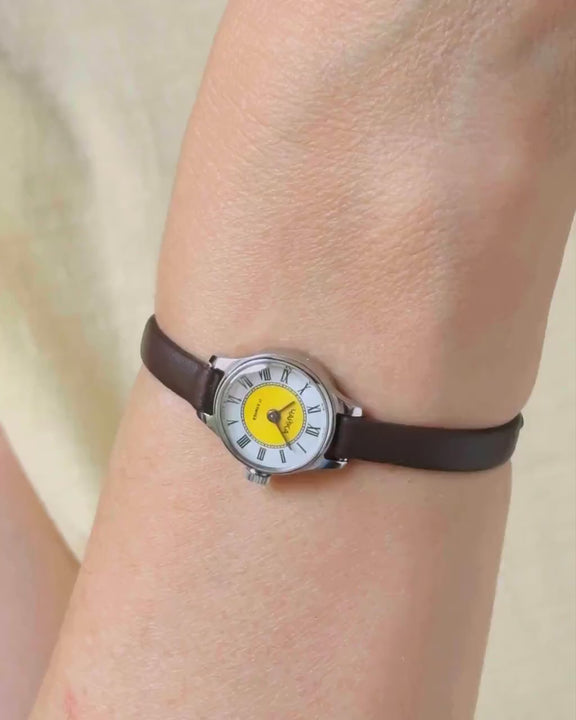 Women micro watch yellow dial Roman numerals silver shade Seagull wristwatch, vintage delicate women watch gift, new genuine leather strap