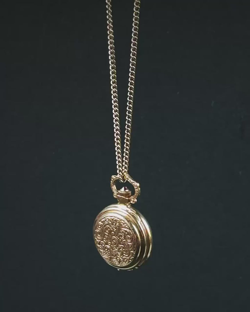Floral case pendant watch women's necklace Seagull, vintage gold plated boho accessory, limited edition gift jewelry, cabochon watch crown
