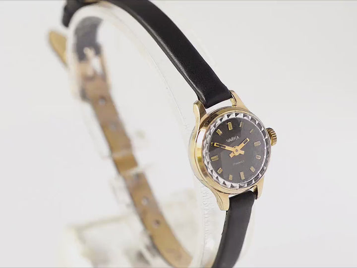 Black chic watch for women gold plated Seagull, minimalist watch feminine jewelry gift micro watch women unique genuine genuine leather band