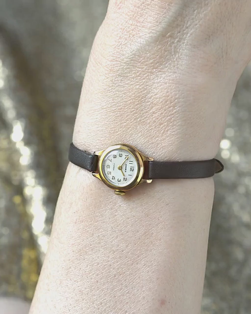 Gold plated micro watch women Seagull, vintage lady wristwatch classic jewelry, chic wristwatch dainty gift, new genuine leather strap