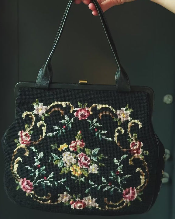 Floral Bag Needlepoint Framed Retro Black Floral Gift. Boho Handbag Top Handle Purse Embroidery Roses Pattern Vintage. Chic Bag Fashion Love