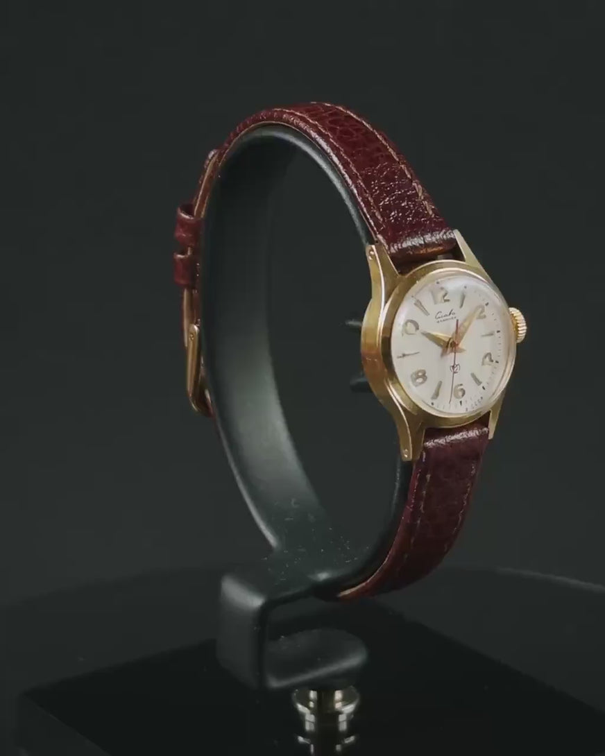 Rare women's watch gold plated Glory vintage, classic lady wristwatch minimalist, delicate second hand, lady accessory gift leather band
