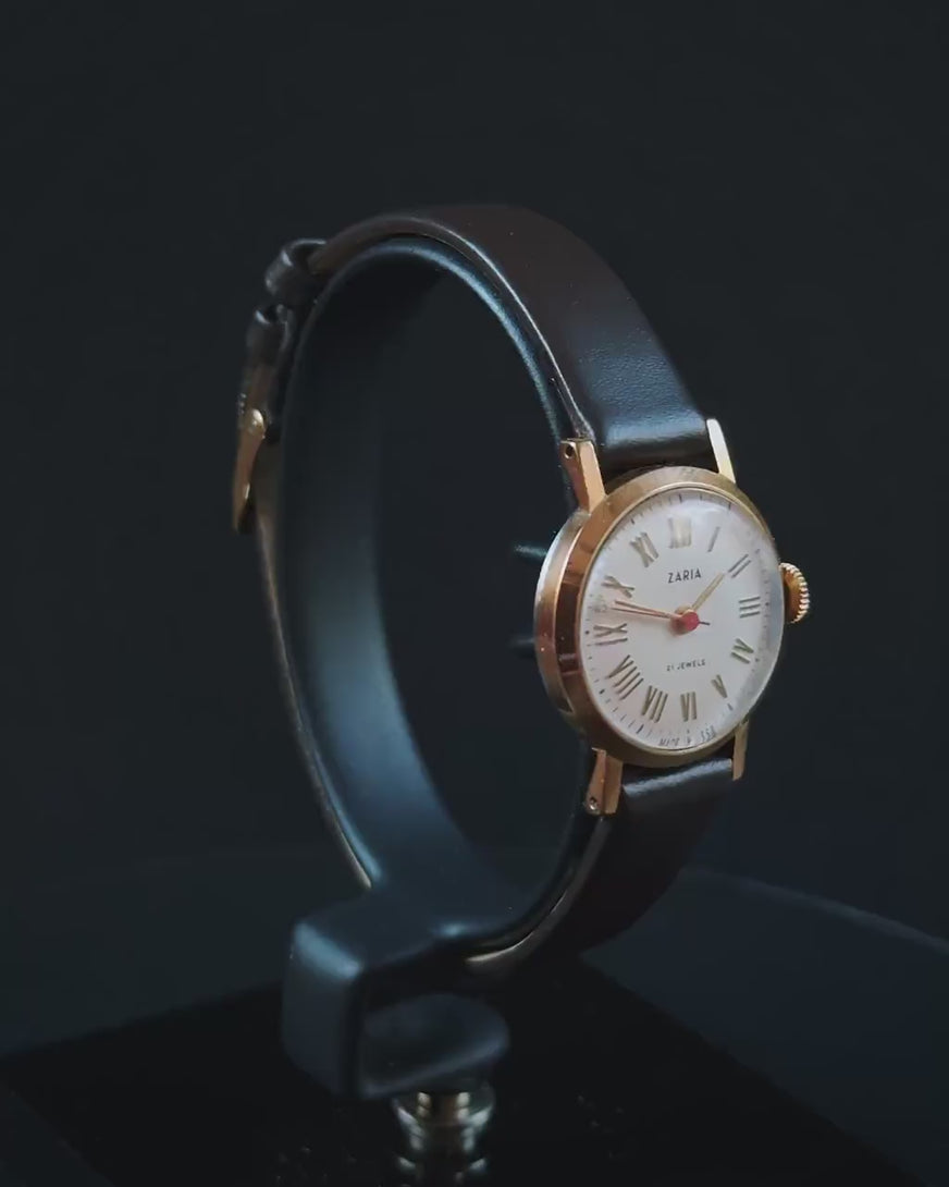 Roman numerals women's watch gold plated Dawn vintage, classic girl's wristwatch delicate, retro lady watch gift, new premium leather strap