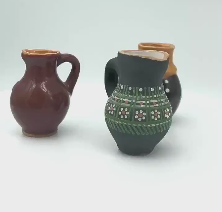 Super small pitchers set 3 handmade pottery for home decor or accessory,  Lithuanian clay pitchers native pattern glazed souvenirs gift