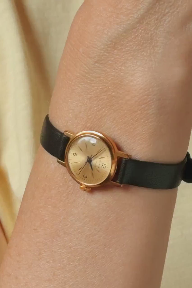 Vintage 60s women watch Glory gold plated, minimalist watch lady very small jewelry, Arabic numerals dial watch, new premium leather strap