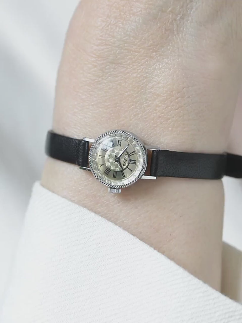 Unique women's wristwatch micro size Seagull silver shade, lady watch dainty Roman numerals dial vintage tiny gift, new premium leather band