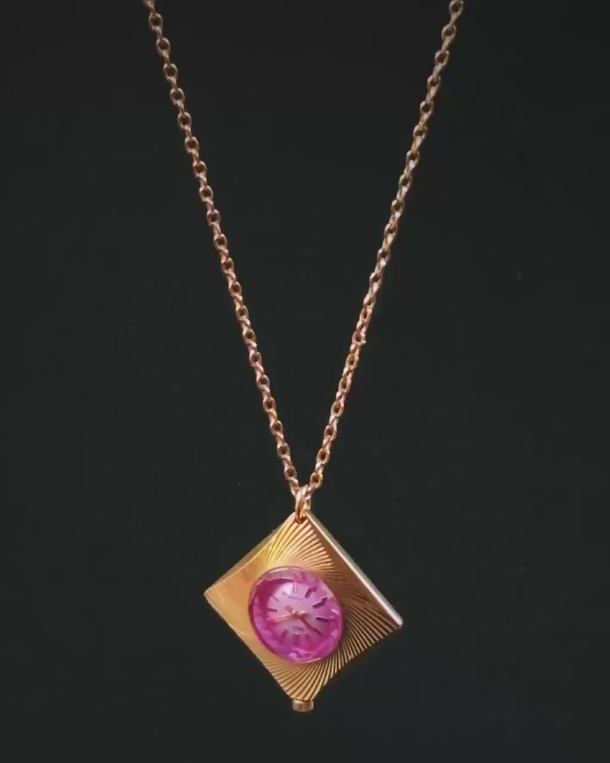 Women's watch pendant unused vintage Seagull gift, NOS watch necklace for lady geometric sunburst case, rare pink angular cover rhombus case