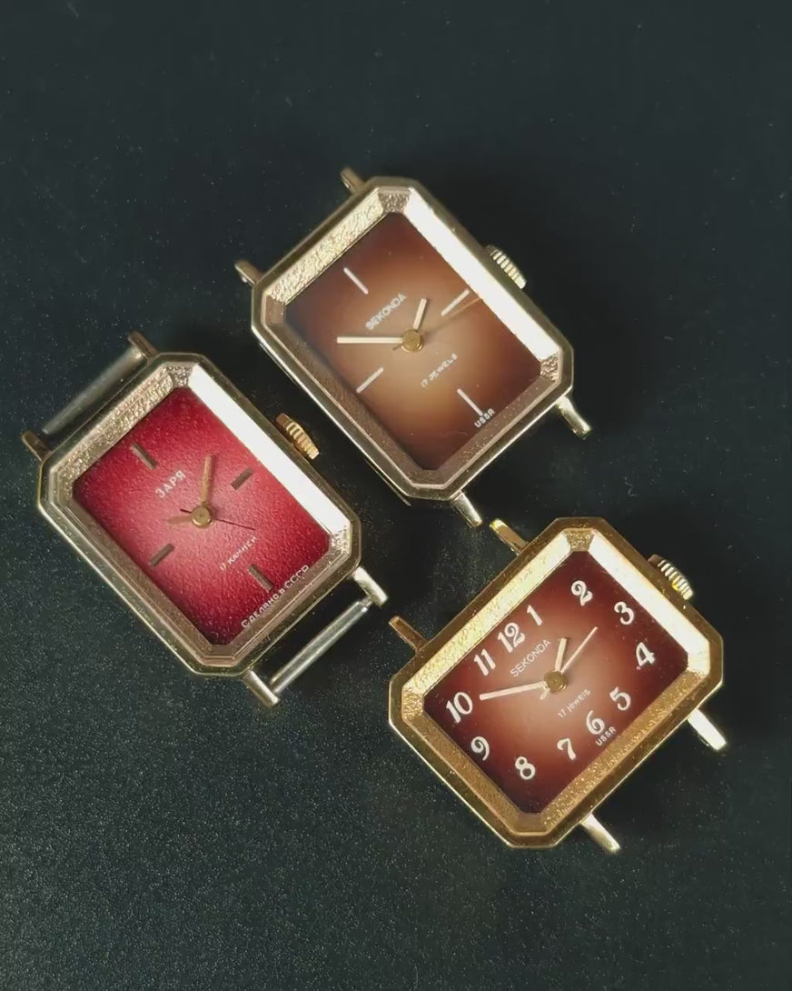 Unused modern watch for women Dawn vintage, gold plated tank lady watch burgundy dial, minimalist women watch rare, new premium leather band