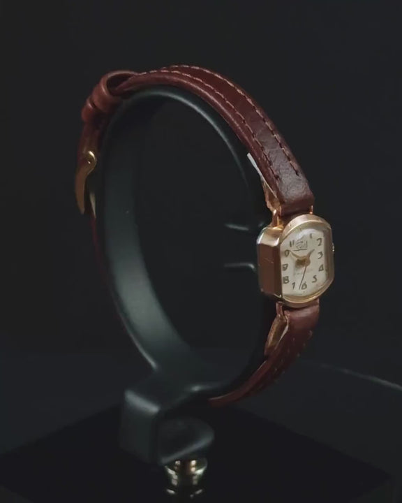 Women watch rectangular tiny Dawn vintage micro wristwatch minimalist gold plated classic gift, new leather strap