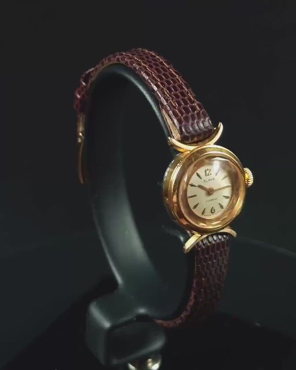 Unique woman watch gold plated Glory, delicate lady watch vintage, American pop art inspired woman watch jewelry crescent trim leather strap