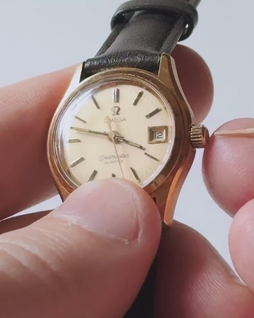 OMEGA Seamaster quartz watch for women, gold-plated case movement 1360 Swiss Ω, serviced timepiece jewelry gift, new leather strap