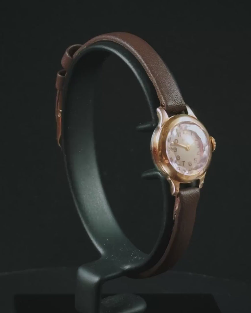 Rare women wristwatch Volga gold plated, light pink angular cover watch chic jewelry gift, micro watch small wrist, new leather strap