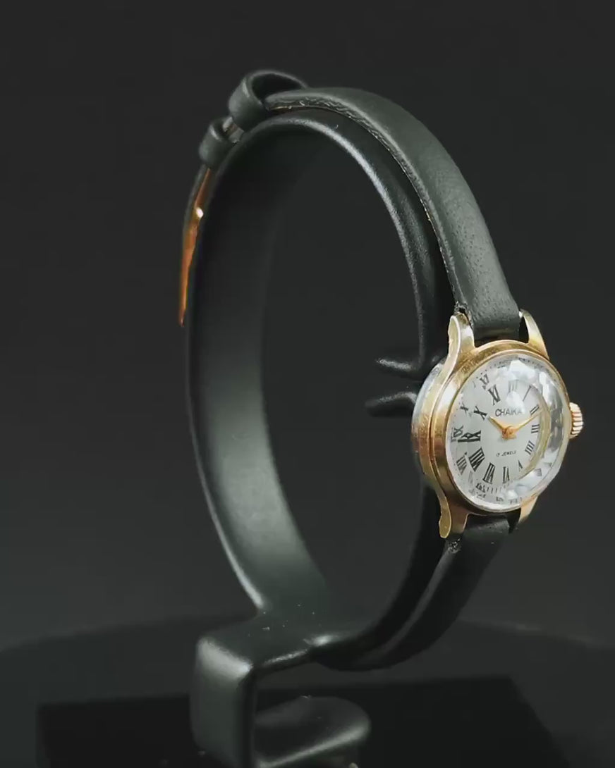Gold plated watch for women Seagull small gift, vintage tiny lady watch Roman numerals dial dainty lady accessory, genuine leather strap new