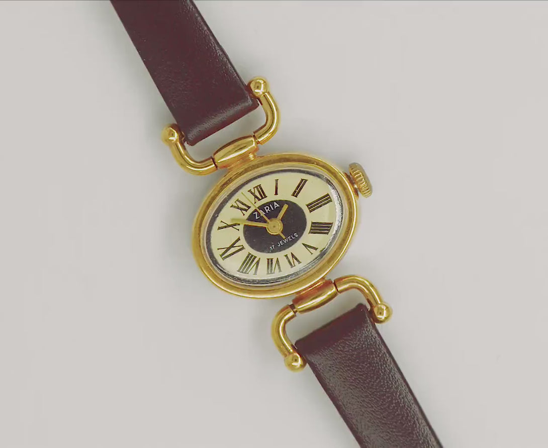 New old stock women's watch oval gold plated Dawn, ladies wristwatch Roman numerals, cocktail watch women yellow, new genuine leather strap
