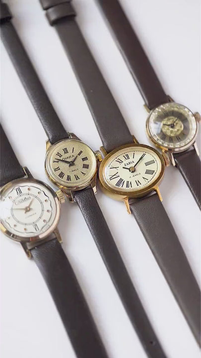 Petite lady watch gold plated Seagull gift, Roman numerals dial jewelry for women , dainty wristwatch yellow, new premium leather band