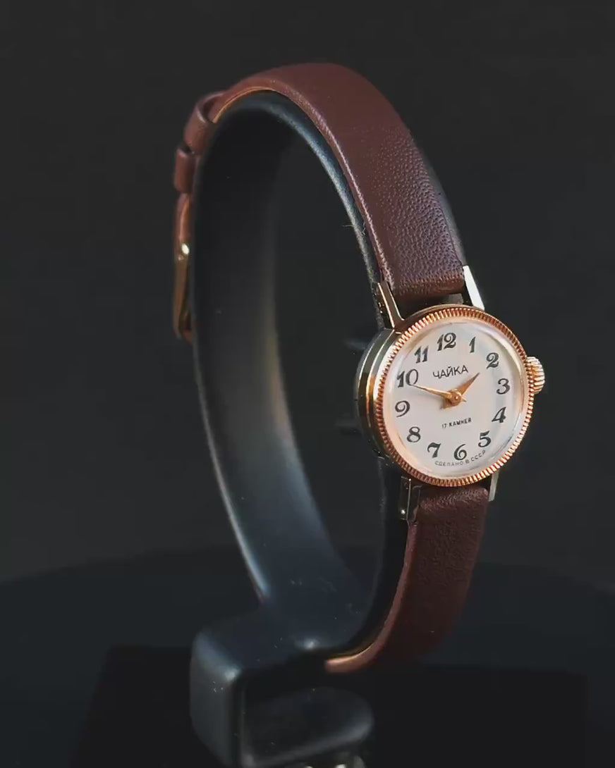 Women watch gold plated vintage Seagull, super small dainty wristwatch for lady, new leather strap