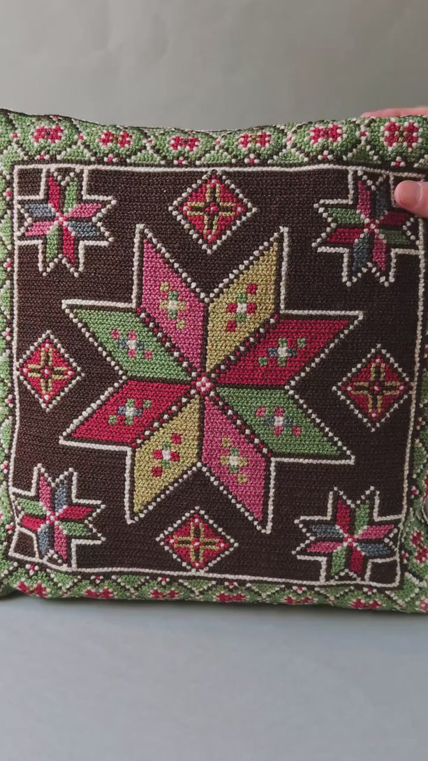 Stars embroidery Scandinavian pillow cover green brown. Vintage hand made pillow cover. Boho home decor pillow case. Square Cover retro