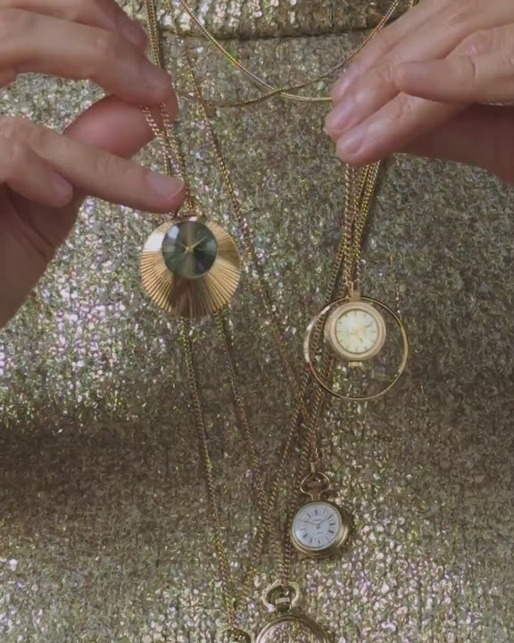 Women watch pendant necklace gold plated Glory, sunburst case black dial pendant watch 70s, mint condition lady neck accessory round gift