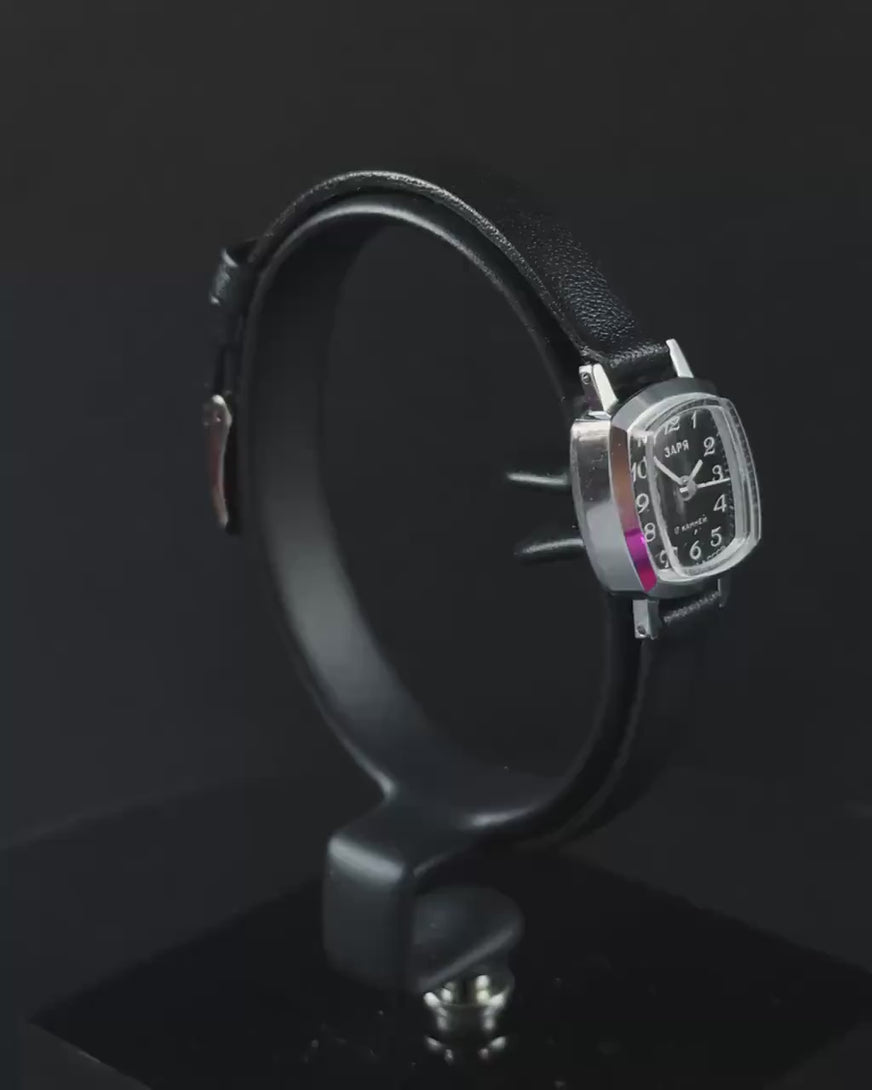 Retro women watch black dial Dawn gift jewelry, silver shade lady's wristwatch, square case mint condition, new premium leather band