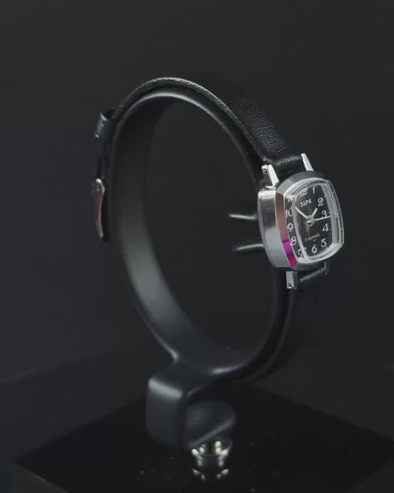 Retro women watch black dial Dawn gift jewelry, silver shade lady's wristwatch, square case mint condition, new premium leather band