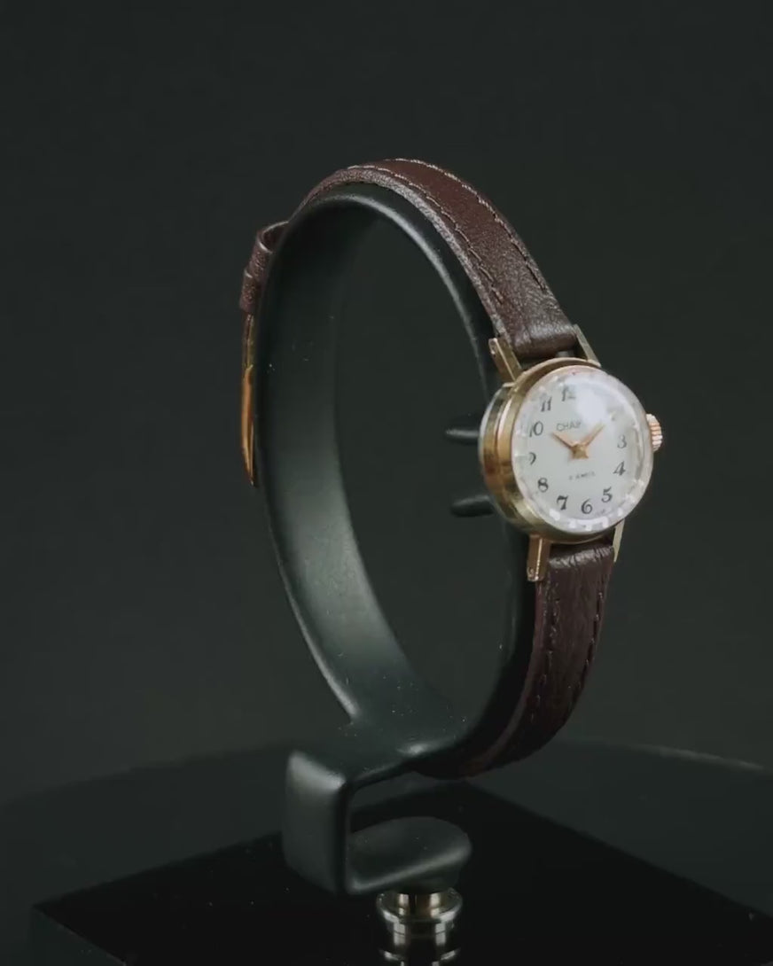 Gold plated women watch dainty vintage Seagull, Arabic numerals girl wristwatch minimalist gift serviced genuine leather band