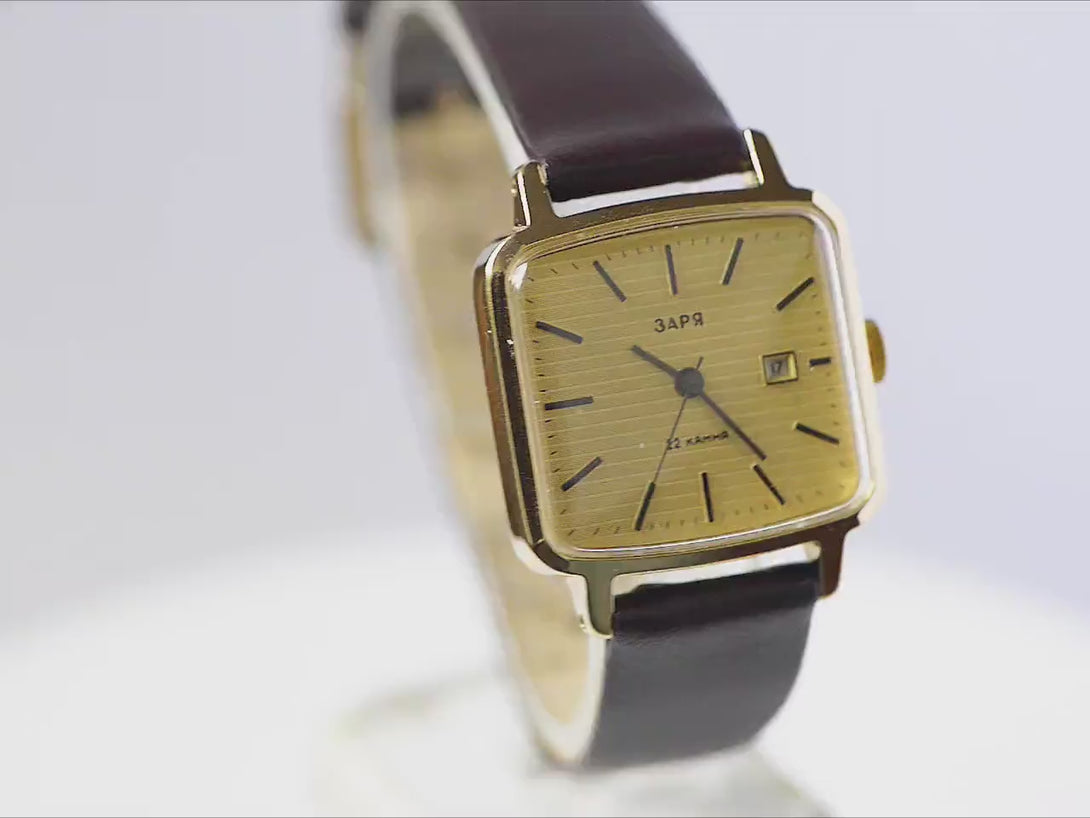 Unused women watch vintage Dawn, square lady watch gold plated, modern minimalist women wristwatch jewelry gift, new luxury leather strap