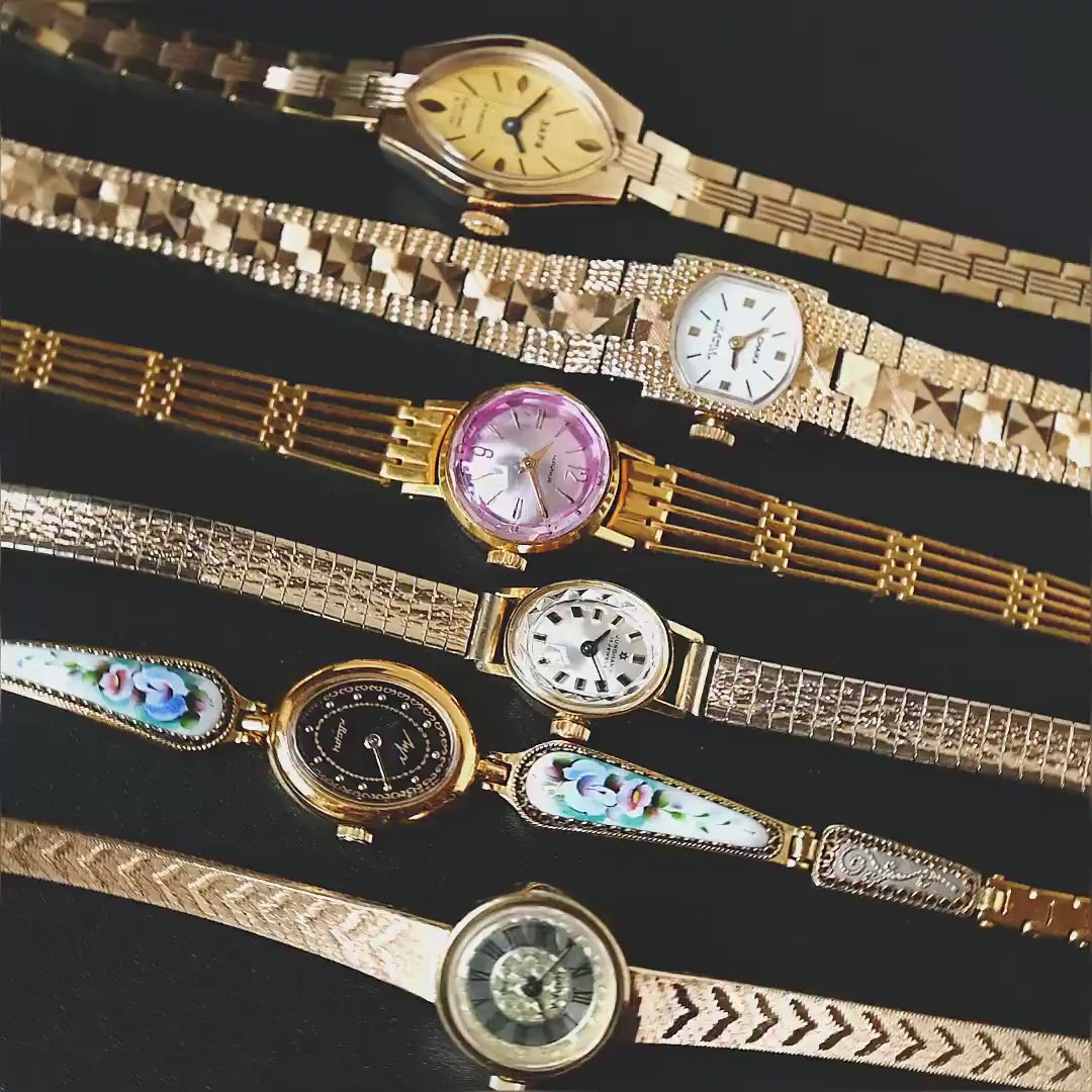 Unused cocktail watch for women Dawn, golden eye case wristwatch bracelet, tiny lady wristwatch, gold plated woman watch for evening