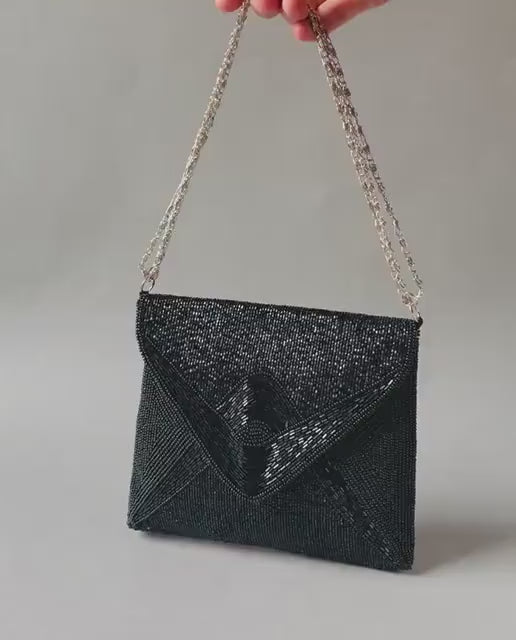 Vintage Black Beaded Evening Bag: Small Boho Purse with Silver Chain