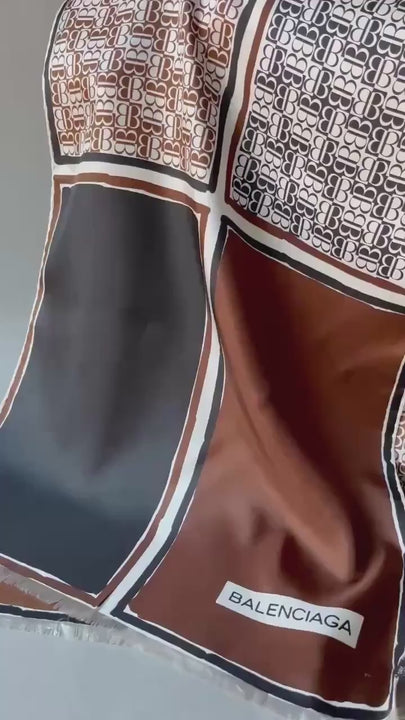 Balenciaga Logo Print Silk Scarf Long Brown Shades Luxury vintage Italian Wrap Retro fashion