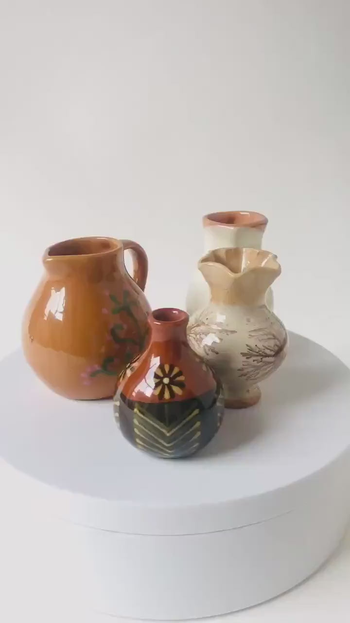 Set of 4 tiny pitchers vases handmade pottery for home decor or accessory,  Lithuanian clay pitchers native pattern glazed souvenirs gift