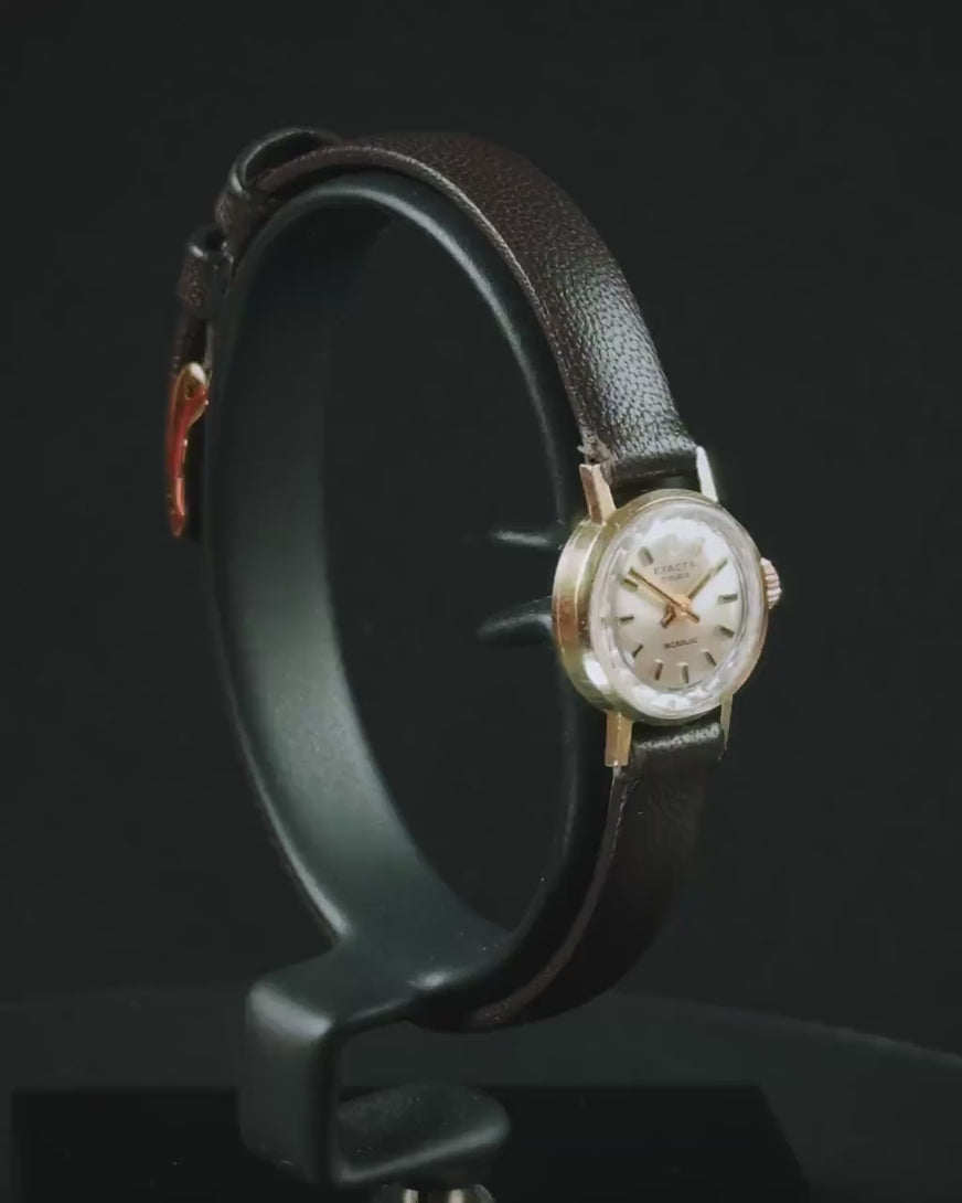 Solid gold 14K women's watch Exacta vintage, Swiss lady wristwatch tiny case gift, dainty timepiece jewelry for girl, leather strap
