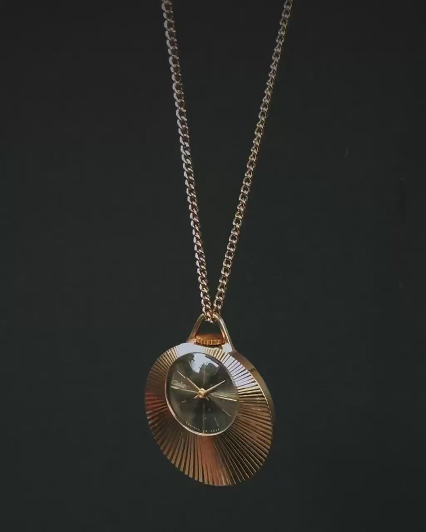 Women watch pendant necklace gold plated Glory, sunburst case black dial pendant watch 70s, mint condition lady neck accessory round gift