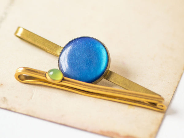 Brass tie clips set 2, round decor retro clips for men, gold navy green shades tie clips, small clips, classical tie clips simple fun gift