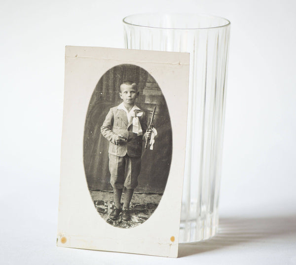 Antique photograph Boy Holy Communion memories, Kid photo Eucharist 1933, Boy first Lord's Supper before WWII, Religious white black photo