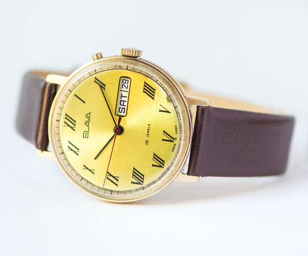 Modern unisex watch Glory vintage, gold plated men watch, light yellow face watch him, minimalist watch for men, new premium leather strap