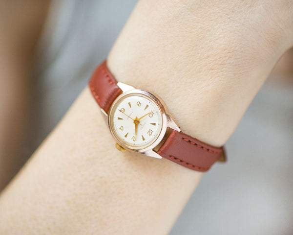 Women wristwatch Spring limited edition vintage jewelry, minimalist watch for women 60s gift, classic gold shade watch, new leather strap