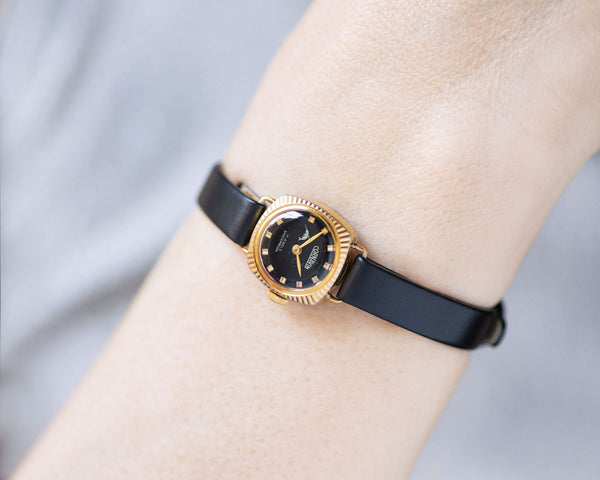 Black watch for women gold plated Cornavin, lady watch vintage jewelry limited edition, lady watch sunburst case, new premium leather strap