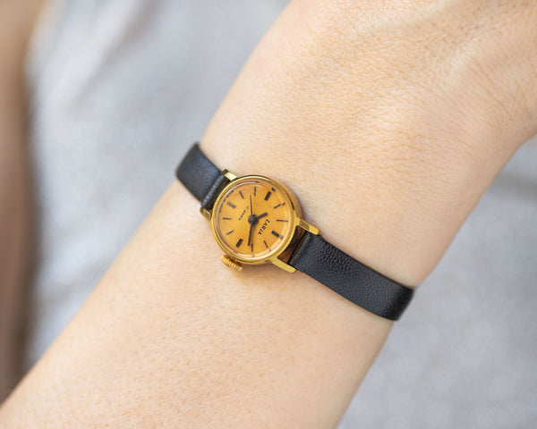 Wristwatch for woman Dawn yellow dial, vintage micro watch women gold shade classic jewelry gift, delicate watch, new premium leather strap