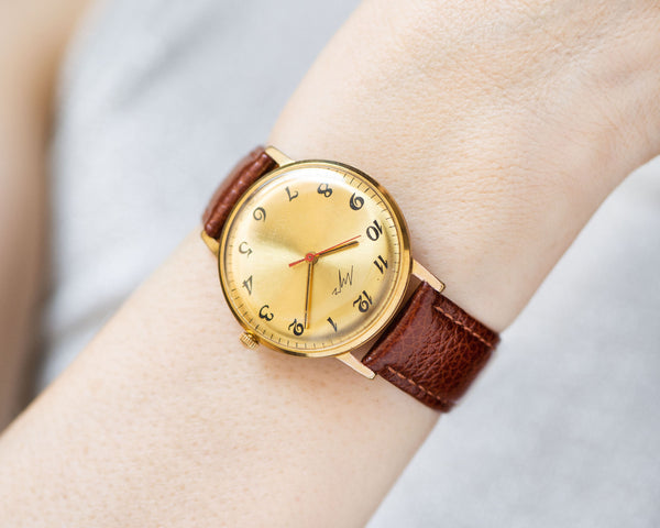 Slim unisex wristwatch Ray, oversized women watch gold plated vintage gift, yellow dial men watch Arabic numerals, new premium leather strap