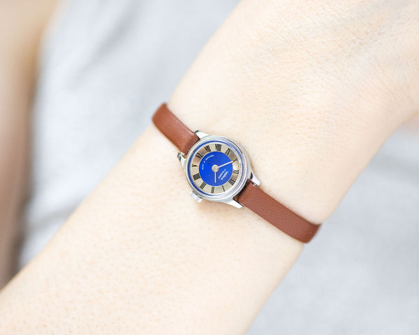 Blue women's watch Seagull vintage, 80s wrist watch delicate silver shade, Roman numerals feminine watch summer, new premium leather strap