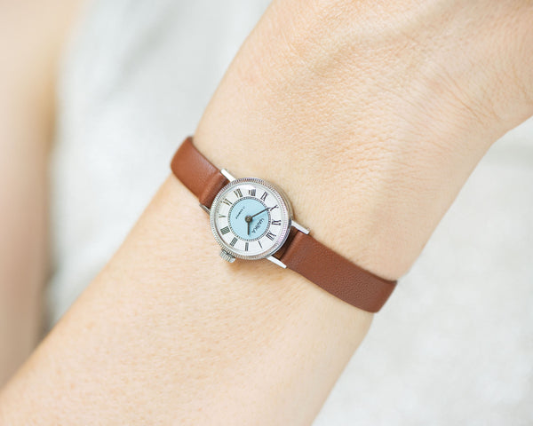 Women Watch Blue Dot Face Roman numerals, Vintage women watch very small, Women's Tiny Gift Watch Seagull Retro, New Premium Leather Strap